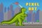 Green pixel dragon with fire. Helicopters battling with dinosaur. Pixel-game hero destroys houses