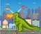 Green pixel dragon with fire. Helicopters battling with dinosaur. Pixel-game hero destroys houses