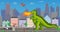 Green pixel dragon with fire. Helicopters battling with dinosaur. Pixel-game hero destroys houses