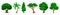 Green pixel trees in garden. Bulky solid oak with tropical palm and tall pine