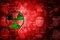 Green Pixelated Radiation icon on red digital background with copy space. Science concept