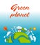 Green planet agitative poster with solar batteries and windmills