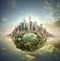 Green planet with futuristic town skyline and nature, AI generative clip art design element