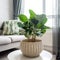 Green Plant in a Decorative Basket in Modern Interior. Generative AI