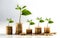 green plant growing on golden coins stacks on white background