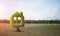 Green plant in shape of house grows at green field