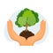 Green plant sustainability illustration and environmental problem symbol with hands holding tiny plants.