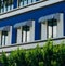 Green plants before a blue building exterior with striped awnings over the windows