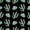 green plants cactus peyote seamless pattern on a black background summer fashion print vector