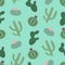 Green plants cactus peyote seamless pattern on a turquoise background summer fashion print vector