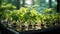 Green plants grow in glass laboratory test tubes, growing microgreen seedlings