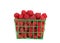 Green plastic basket full with freshly picked raspberries, isolated