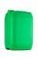 Green plastic canister with lid isolated on a white background. Image from an angle. Image of disinfectant, detergent or