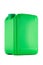 Green plastic canister with lid isolated on a white background. Image from an angle. Jerrycan with liquid substance. Image of