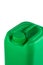 Green plastic jerrycan with lid isolated on a white background. Image from an angle. Canister with a liquid substance. Image of a