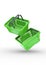 Green plastic shopping baskets from supermarket on white background