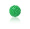 Green plastic spiny massage ball isolated on white. Concept of physiotherapy or fitness. Closeup of a colorful rubber