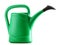 Green plastic watering can on white