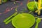 Green plates on the prepared table to celebrate a birthday