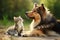 Green playground Cat and dog have a delightful grassy playtime