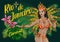 Green poster with brazilian samba female dancer, tropical leaves, orchid, text