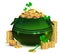 Green pot full of gold coins. Golden treasure symbol luck st patricks day clover leaf