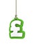 Green pound symbol isolated on white background hanging on rope
