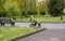 A green pram stands in the middle of the street. Travel with a child, transportation of a child, concepts of a child's walk