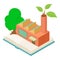 Green production icon isometric vector. Factory with green branch from pipe book