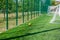 Green protective grid close-up. The pattern of a protective grid for a sports ground. Sports background