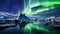 a green and purple aurora bore over a mountain and a body of water. generative ai