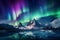 Green and purple aurora borealis over snowy mountains. Northern lights