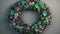 Green and purple flowers create an enchanting wedding frame wreath