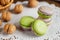 Green and purple macaroons. Rustic scene