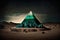 Green pyramids in the desert in the evening