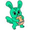 A green rabbit child walks holding an Easter egg, doodle icon image kawaii