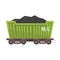 Green railway wagon loaded with coal. Colorful cartoon illustration