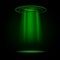 Green rays of light from the circle. UFO spaceship Green light beam illustration on black background.