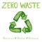 Green Recycled arrows icon with Zero waste lettering phrase. Watercolor hand drawn illustration isolated on white