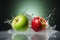 Green and red apples, water splash