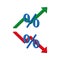 green red arrows percentages. Money tax rate sign. Trade arrow. Growth profit symbol. Vector illustration.