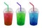 Green, Red and Blue soda and ice in plastic grass isolated