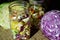 Green and Red Cabbage sliced, quart jar of ingredients for cultured fermented vegetables and fruits