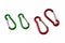 Green and red carabiner snap hooks on white background