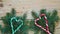 Green and red hearts of candy cones on the Christmas tree branches with copy space. New year or Valentines day sweets decorations