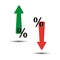 Green and red percentage arrows. Trade arrow. Green arrow up. Red down arrow. Vector illustration.