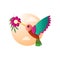 Green red small bird hummingbird with bright plumage flying to pink flower