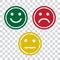 Green, red and yellow smileys emoticons icon on transparent background. Positive, negative and neutral, different mood. Vector