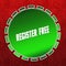 Green REGISTER FREE badge on red pattern background.