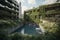 green residential complex with rooftop swimming pool and greenery